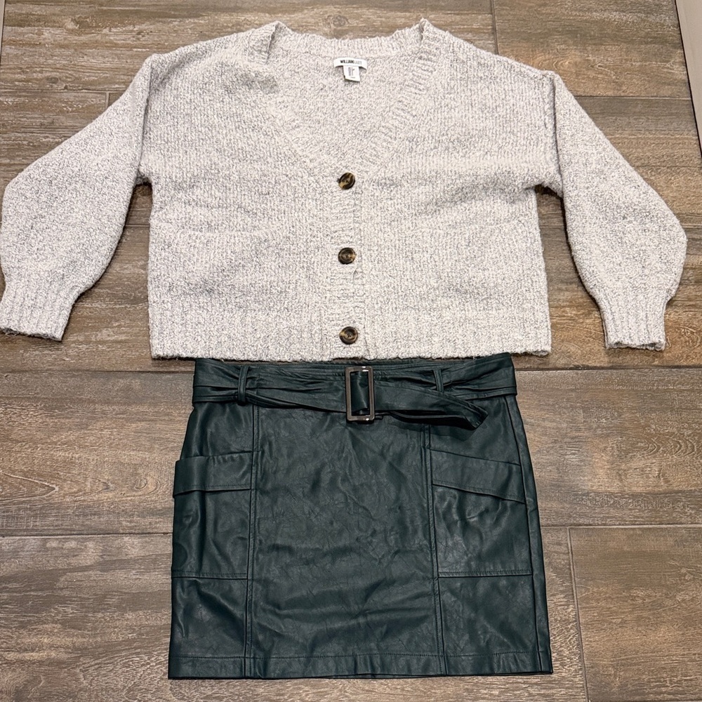 Fall outfit- William Rast Cardigan & Kendall & Kyle Vegan Green leather skirt